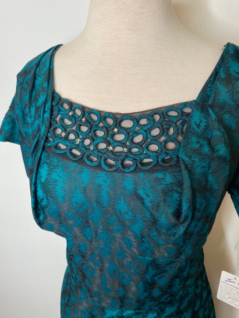 1950s Black and Turquoise Brocade Dress image 3