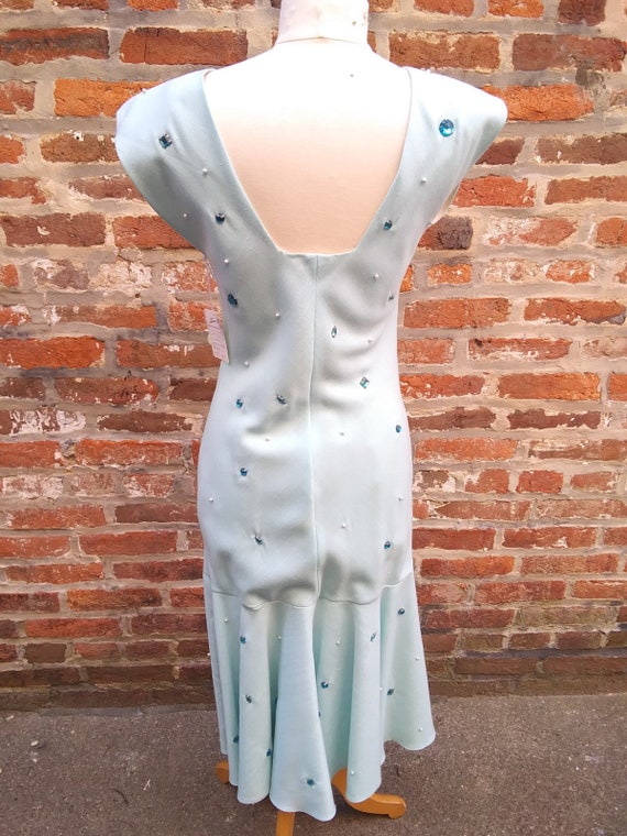 1950s-1960s Light Blue Linen Dress with Crystals - image 2