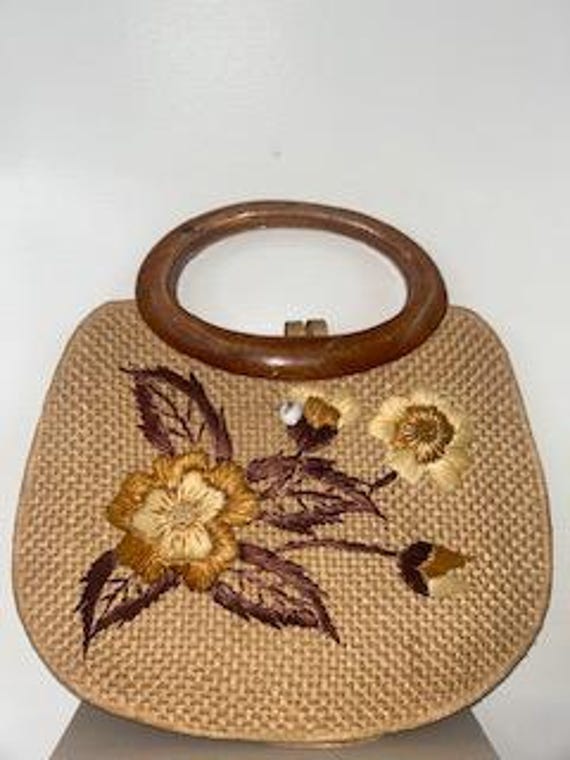 wood handled woven purse