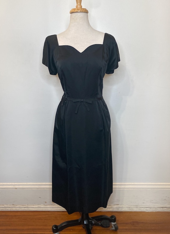 1950s Vintage Satin Little Black Sheath Dress