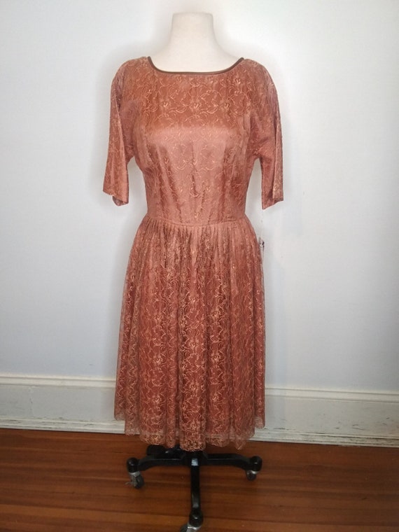 1950’s Peach Brown Lace Dress - image 1