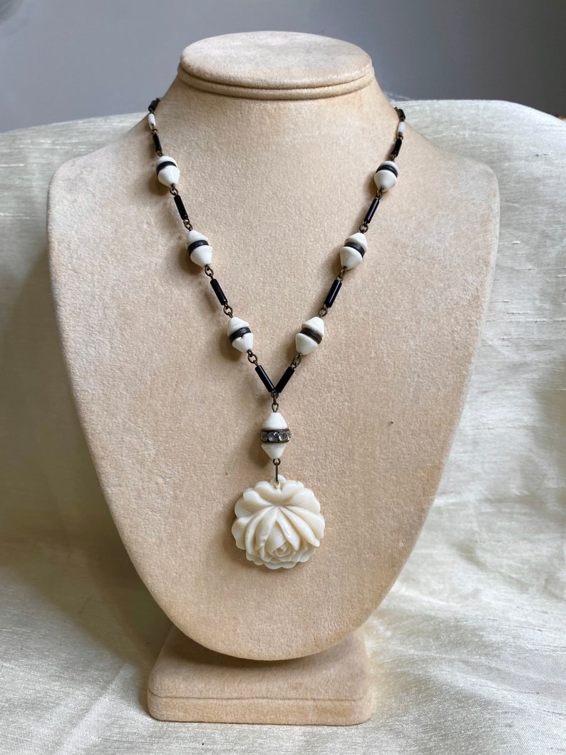 Antique Victorian Black and White Glass Beaded Necklace with Carved Rose Pendant image 1