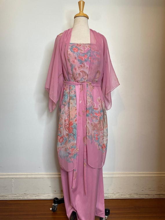 60s-70s Magenta Floral Blouson Maxi Dress Set