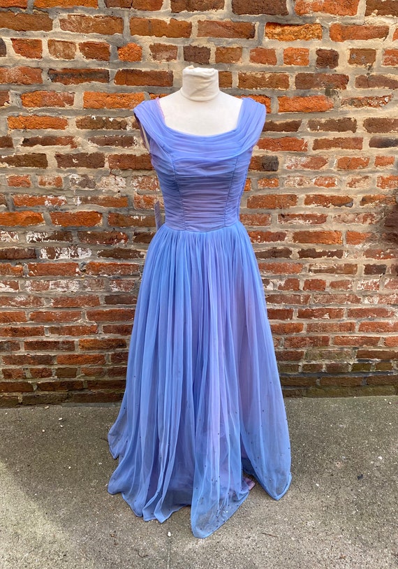 1950s Periwinkle Sleeveless Ruched Ballgown with B