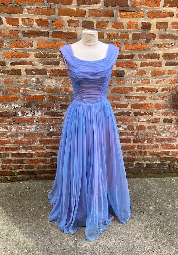 1950s Periwinkle Sleeveless Ruched Ballgown with B