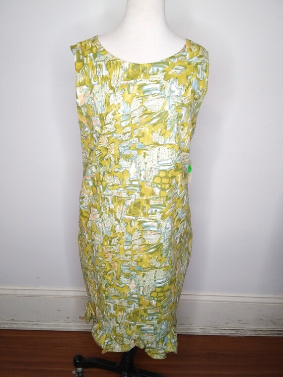 1960s Green & Yellow Abstract Mod Shift Dress Lig… - image 3