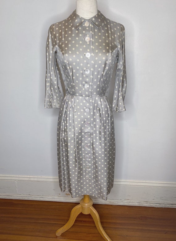 1950s Anne Fogarty Silk Grey Polka Dot Dress