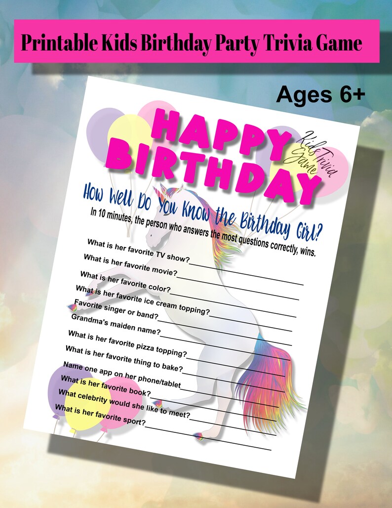 kids birthday trivia printable birthday party game idea etsy