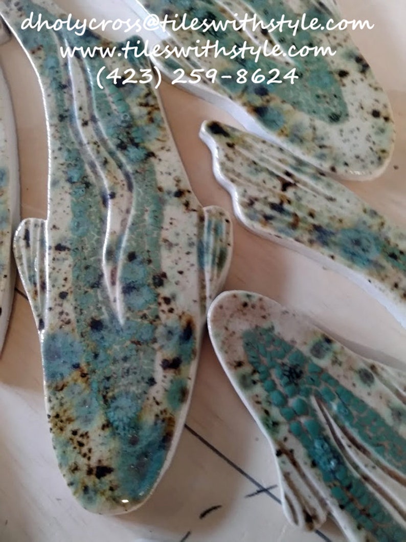shaped mosaic ceramic floor and wall tiles handmade Cappucino Mint Trout fish; decorative