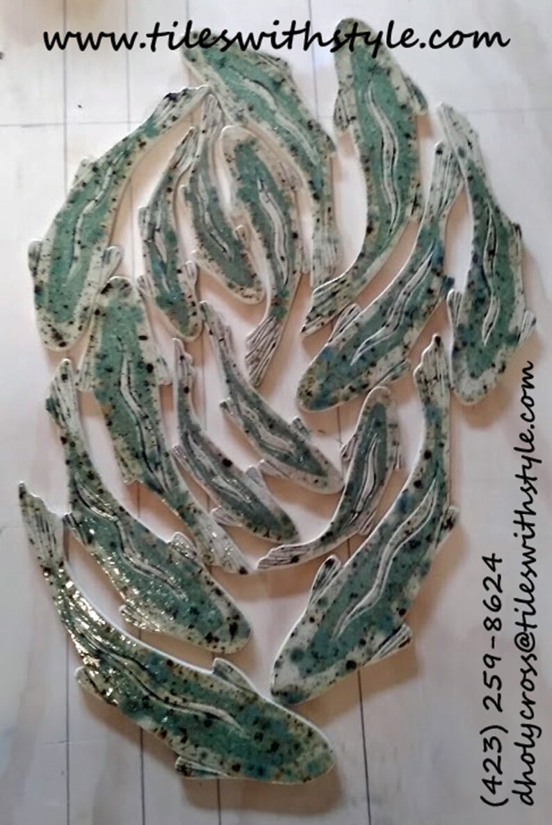 shaped mosaic ceramic floor and wall tiles handmade Cappucino Mint Trout fish; decorative
