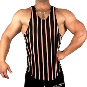 Herren Neon Stripe Curved Bottom Tank Stringer Activewear Übung Muskel Gym Fitness Workout