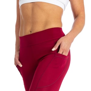 Damen Burgundy Pocket Leggings Yoga Strumpfhosen Workout Fitness Active Gym
