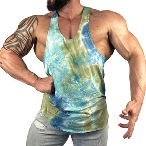 Men&#39;s Teal-Olive Tie Dye Tank Retro Stringer Bodybuilding Muscle Gym Training