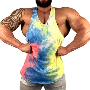 Neonroze-gele tie-dye tanktop heren retro stringer bodybuilding Muscle Gym Training