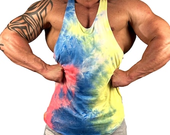 Mens Tie Dye Tank Retro Stringer Bodybuilding Muscle Gym Training