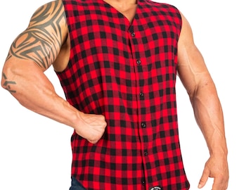 Mens Plaid Tapered Sleeveless Flannel Bodybuilding Baseball Exercise Gym