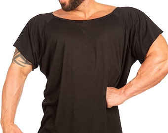 Men&#39;s Black Wide-Neck Tapered Top T-Shirt Bodybuilding Training