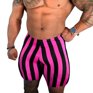 Mens Retro Stripe Spandex Bodybuilding Gym Shorts - Black/Hot Pink