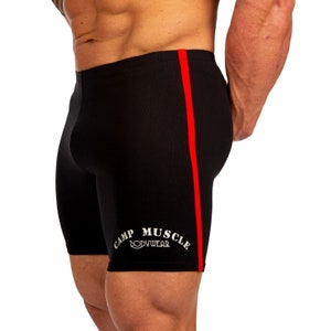 Mens Retro Spandex Bodybuilding Gym Shorts - Black/Red