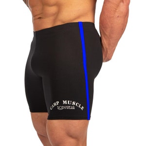 Mens Retro Spandex Bodybuilding Gym Shorts - Black/Royal Blue