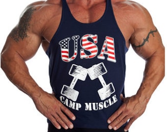 Mens USA Stringer Tank American Military Bodybuilding Exercise Gym Fitness Workout