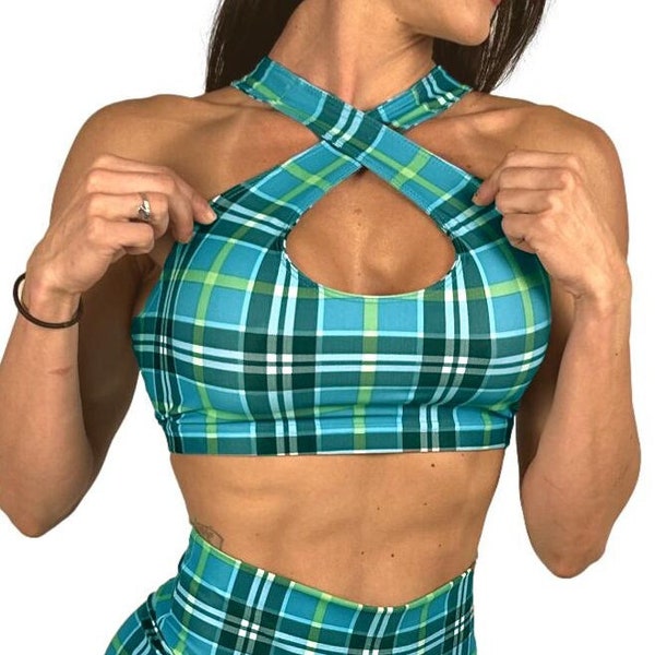 Women's Blue-Green Plaid Keyhole Sports Bra Workout Fitness Training Activewear