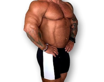 Mens Wide Stripe Supplex Bodybuilding Gym Shorts