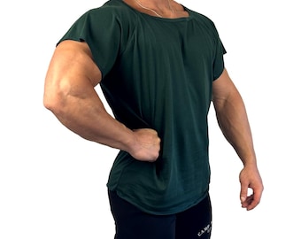 Men&#39;s Hunter Green Wide-Neck Tapered Top T-Shirt Bodybuilding Training