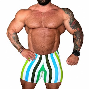Pantalones cortos de culturismo, estilo retro con rayas multicolores en verde turquesa y spandex / Tejido elástico en 4 direcciones / Corte corto de 2,5 cm