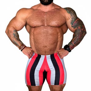 Puede incluir: Pantalones cortos deportivos con un patrón de rayas verticales en colores alternos rojo brillante, negro y gris claro. Los pantalones tienen una silueta ajustada y una cintura ancha y plana, confeccionados en tela elástica y lisa.