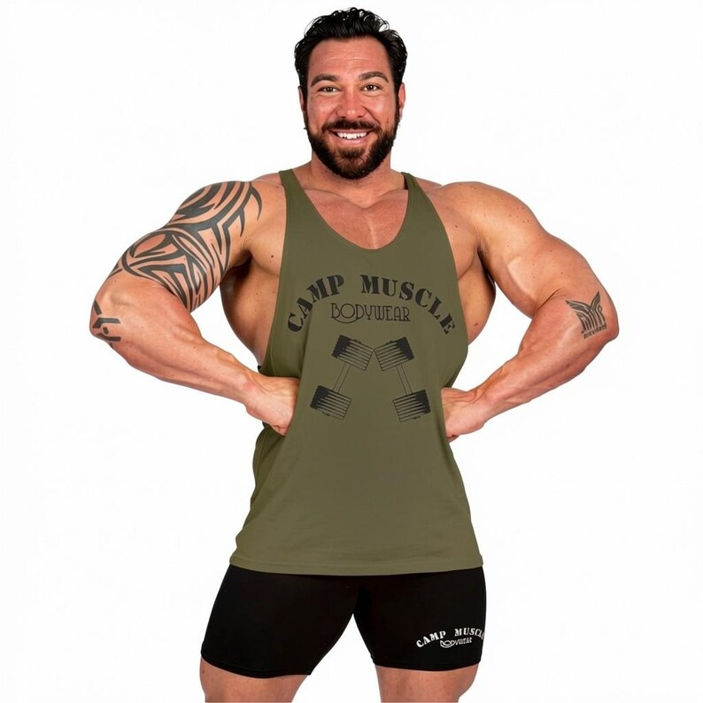 Mens Stringer Tank Bodybuilding Exercise Activewear Training Gym Fitness Workout Army Green/Black