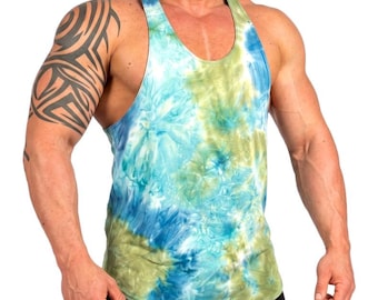 Mens Tie Dye Tank Retro Stringer Bodybuilding Muscle Gym Training