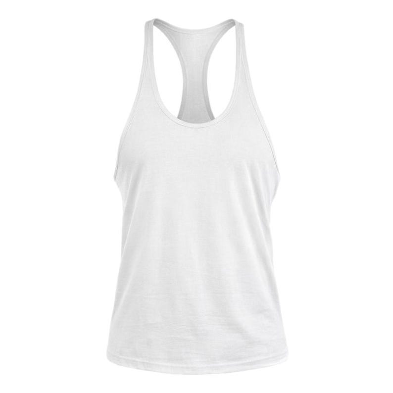 May include: A solid white racerback tank top featuring a scoop neckline and thin shoulder straps. The garment is sleeveless with a straight hemline, constructed from a plain fabric with a consistent white color throughout the entire piece.