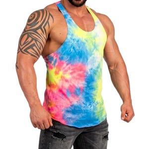 Mens Tie Dye Tank Retro Stringer Bodybuilding Muscle Gym Training