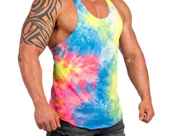 Mens Tie Dye Tank Retro Stringer Bodybuilding Muscle Gym Training