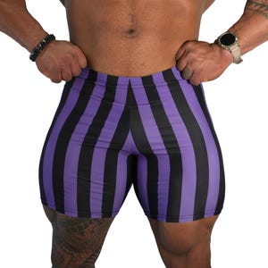 Mens Retro Stripe Spandex Bodybuilding Gym Shorts - Black/Purple