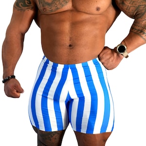 Mens Retro Stripe Spandex Bodybuilding Gym Shorts - Royal Blue/White