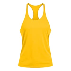 May include: A solid bright yellow racerback tank top featuring a scoop neckline and wide shoulder straps. The garment is sleeveless with a straight hemline, constructed from a smooth, plain fabric that provides a clean and uniform appearance.