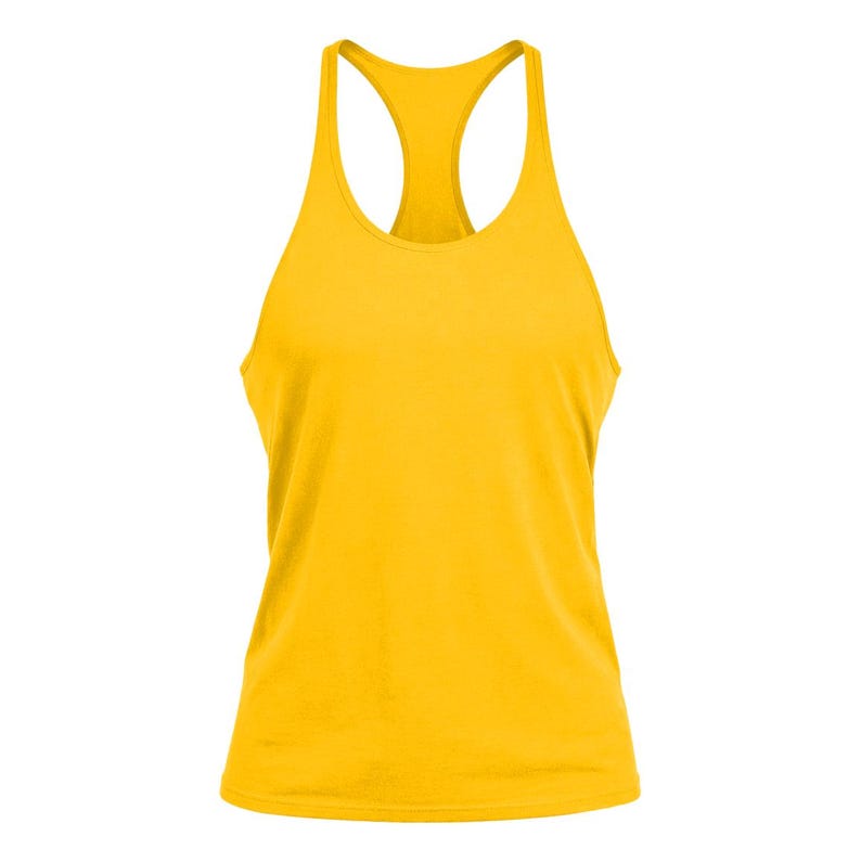 May include: A solid bright yellow racerback tank top featuring a scoop neckline and wide shoulder straps. The garment is sleeveless with a straight hemline, constructed from a smooth, plain fabric that provides a clean and uniform appearance.
