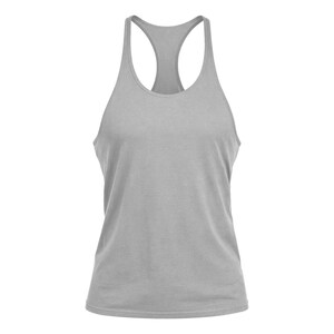 May include: A solid light gray tank top featuring a racerback design with thin shoulder straps and a scoop neckline. The garment is constructed from a plain, smooth fabric and has a straight hemline, providing a simple and functional silhouette.