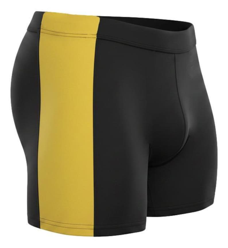 Pantalones cortos de culturismo, Supplex Muscle Fit - Negro, cintura elástica / Talla única/XL (entrepierna de 5,5 a 6 pulgadas, nailon/elastano) Black/Yellow