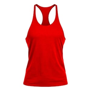 May include: A solid red racerback tank top featuring a scoop neckline and sleeveless design. The garment is constructed with a simple, clean silhouette, showcasing a vibrant, uniform red color throughout the entire front of the piece.