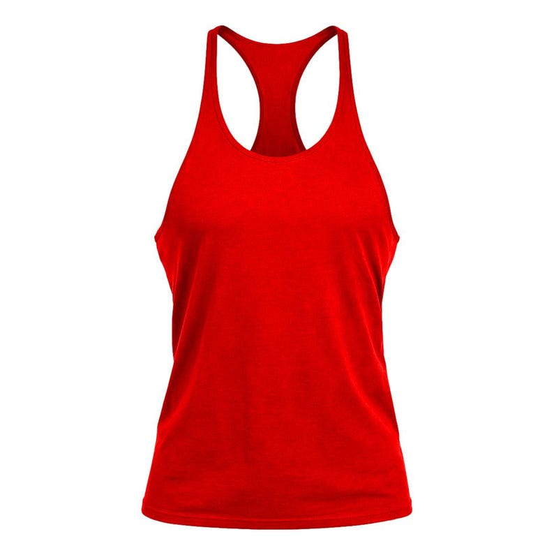 May include: A solid red racerback tank top featuring a scoop neckline and sleeveless design. The garment is constructed with a simple, clean silhouette, showcasing a vibrant, uniform red color throughout the entire front of the piece.