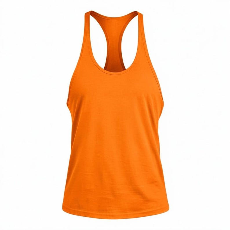 May include: A solid orange tank top featuring a racerback design with a scoop neckline and wide shoulder straps. The garment is constructed from a smooth, plain fabric and maintains a consistent, vibrant orange color throughout the entire piece.