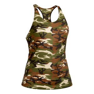 May include: A sleeveless tank top featuring a camouflage pattern in shades of forest green, brown, tan, and black. The garment has a racerback design with a rounded neckline and a fitted silhouette, showcasing a classic military-inspired print.