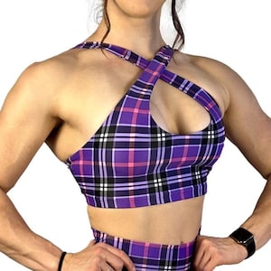 Women&#39;s Purple-Pink Plaid Keyhole Sports Bra Workout Fitness Training Activewear