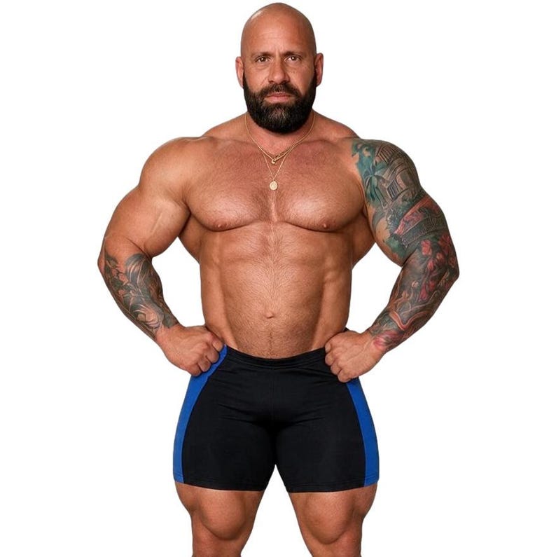 A muscular man with a beard and tattoos stands confidently with his hands on his hips, wearing black shorts with blue stripes.