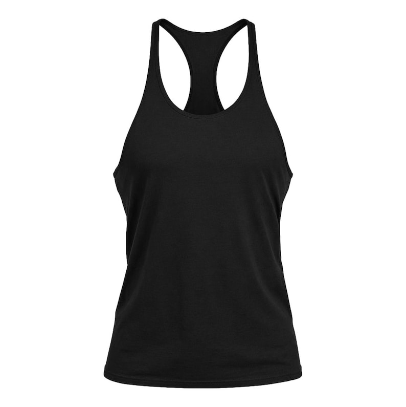 May include: A solid black racerback tank top featuring a scoop neckline and sleeveless design. The garment is constructed with a fitted silhouette, narrow shoulder straps that converge at the upper back, and a straight hemline at the bottom edge.