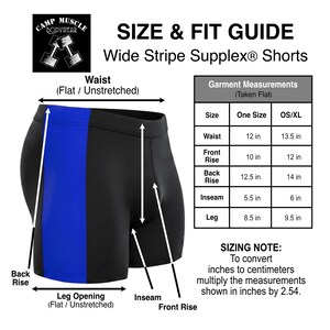 The image is a size and fit guide for wide stripe supplyx shorts. It provides measurements for waist, back rise, leg opening, and inseam, along with conversion factors to convert these measurements to centimeters.