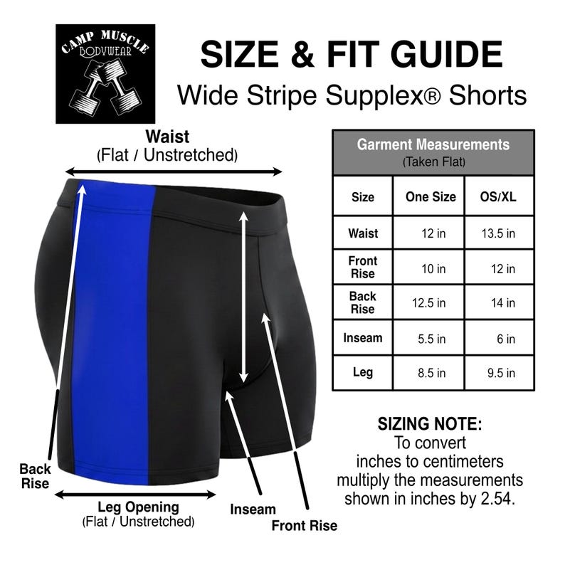 The image is a size and fit guide for wide stripe supplyx shorts. It provides measurements for waist, back rise, leg opening, and inseam, along with conversion factors to convert these measurements to centimeters.